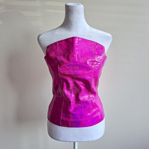Plein Sud Tops - Plein Sud neon hot pink metallic genuine leather corset top Size 38 / XS